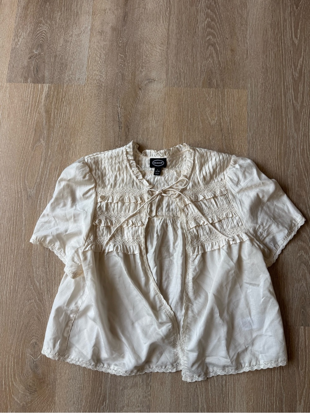 Cream Smocked Tie-Front Peasant Blouse